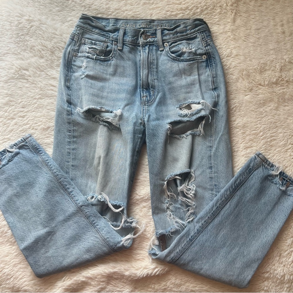 American Eagle Jeans Women’s 00 Short Blue Highest Rise Boyfriend Distressed AE